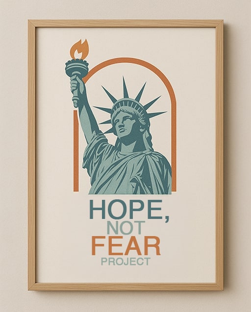 Abstract poster concept with terracotta and sky blue shapes and Hope, Not Fear tagline.