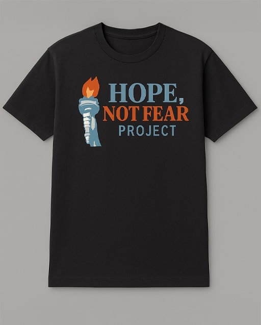 Hope Not Fear Project charcoal t-shirt concept with terracotta HOPE, NOT FEAR typography.
