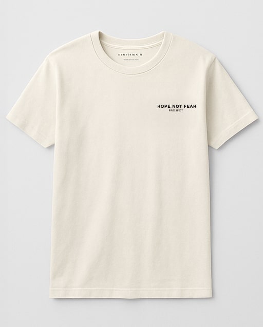 Minimal Hope, Not Fear Project bone-colored t-shirt concept with small chest mark.